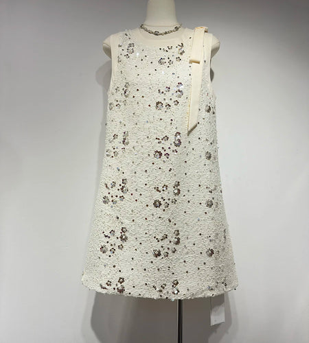 Loose Spliced Sequins Temperament Dresses for Women Round Neck Sleeveless Patchwork Bowknot Dress Female Clothing