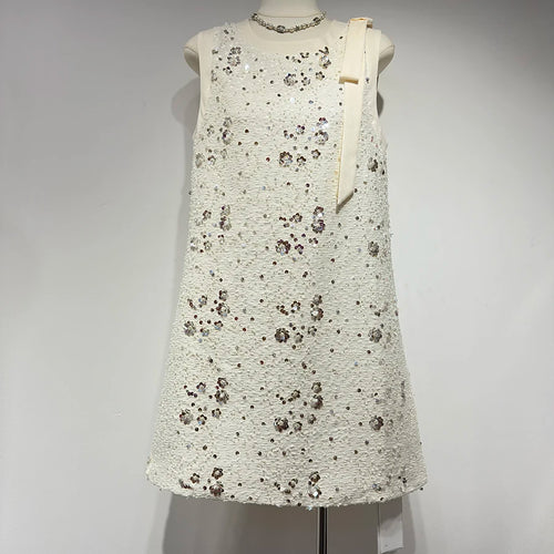 Load image into Gallery viewer, Loose Spliced Sequins Temperament Dresses for Women Round Neck Sleeveless Patchwork Bowknot Dress Female Clothing
