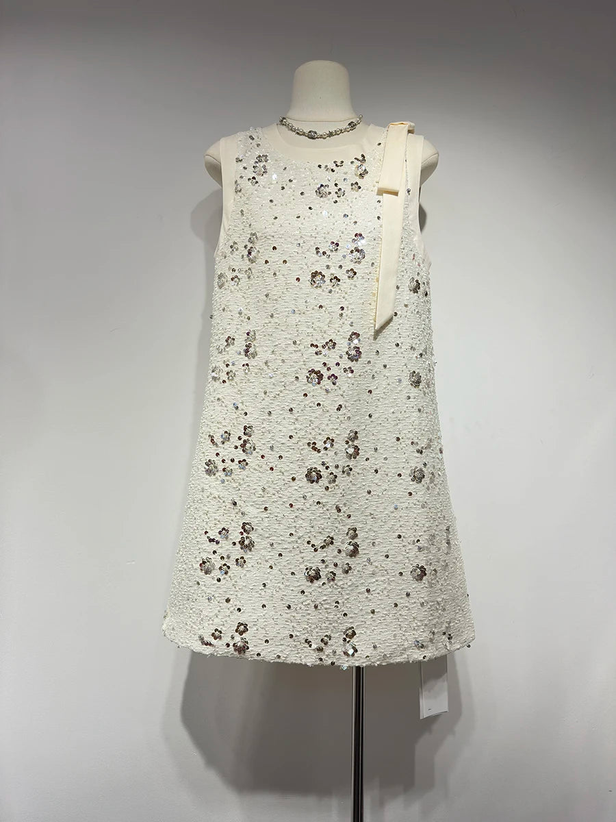 Loose Spliced Sequins Temperament Dresses for Women Round Neck Sleeveless Patchwork Bowknot Dress Female Clothing