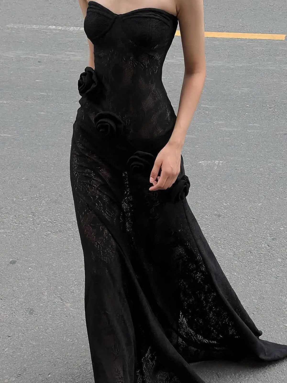 Elegant Lace Patchwork Bodycon Party Evening Dress Women Sexy Strapless 3D Flower Slim Backless Dress Autumn/winter 2025