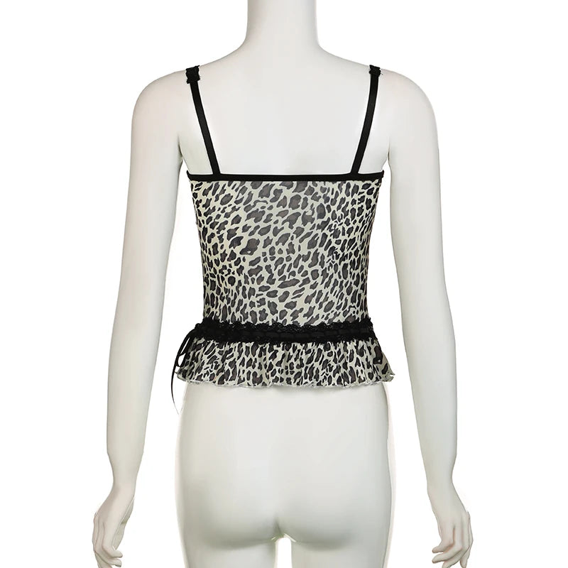 Vintage Fashion Y2K Mesh Top Leopard Lace Spliced Ruffles Transparent Sexy Camisole Tops Summer Women Clubwear Ruched