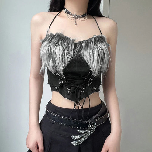 Load image into Gallery viewer, Fashion Fluffy Party Halter Top Female Backless Sexy Zipper Clubwear Faux Fur Patchwork Clubwear Crop Tops Camisole

