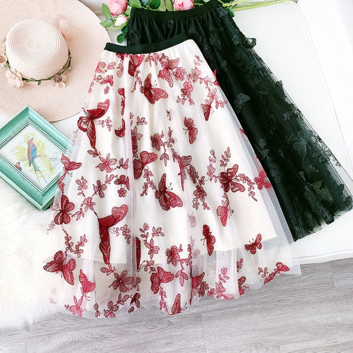 Load image into Gallery viewer, Long Tulle Skirt Women Vintage Butterfly Embroidery Elastic High Waist A-Line Mesh Pleated Skirt Female Midi Skirt Faldas Jupe
