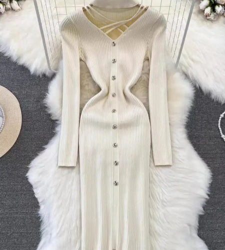 Black Single Breasted Dresses Ladies 2023 Autumm Winter Korean Style Beige Sweater Knitted Office Lady Elegant Red Dress Fashion