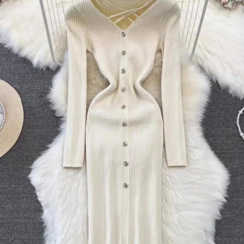 Load image into Gallery viewer, Black Single Breasted Dresses Ladies 2023 Autumm Winter Korean Style Beige Sweater Knitted Office Lady Elegant Red Dress Fashion
