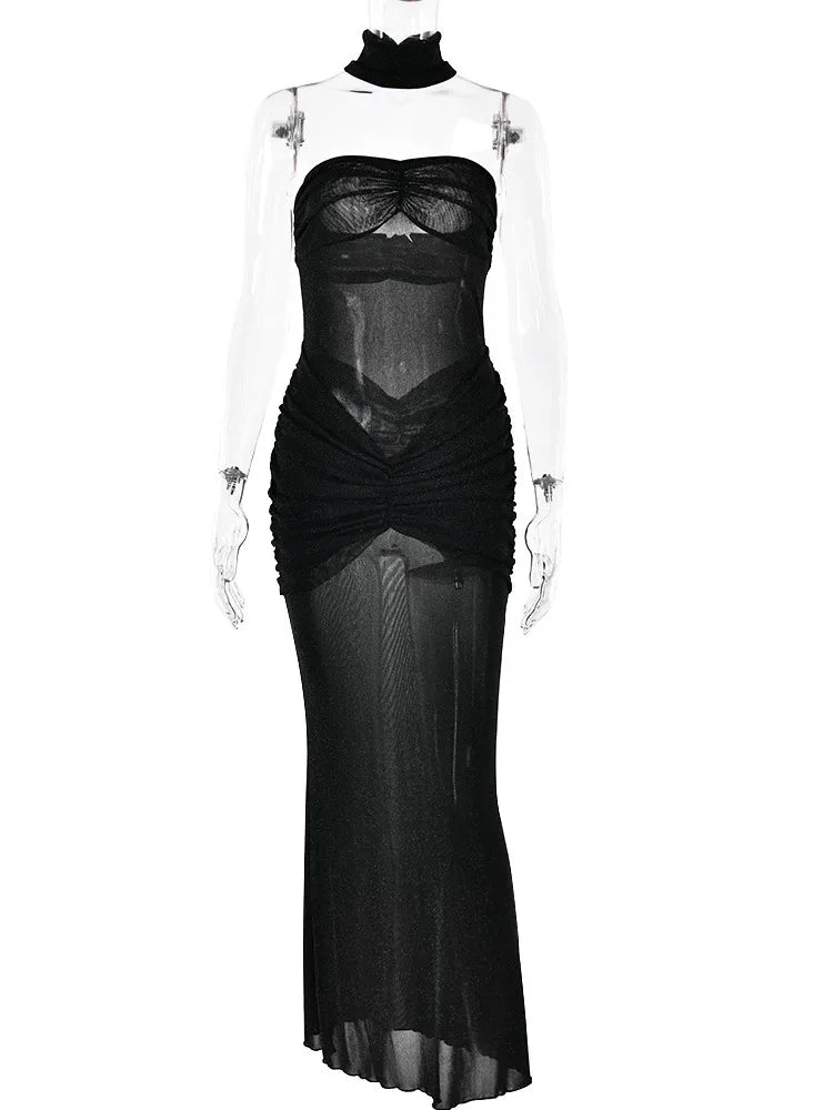 Sexy Strapless Mesh Double-layer Perspective Dress For Women's Summer Vacation 2024 New Slim Backless Party Beachwear