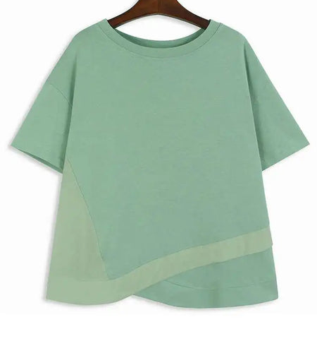 Women Green Color-block Big Size Irregular T-shirt New Round Neck Short Sleeve Fashion Tide Spring Summer 2025 1DH6013