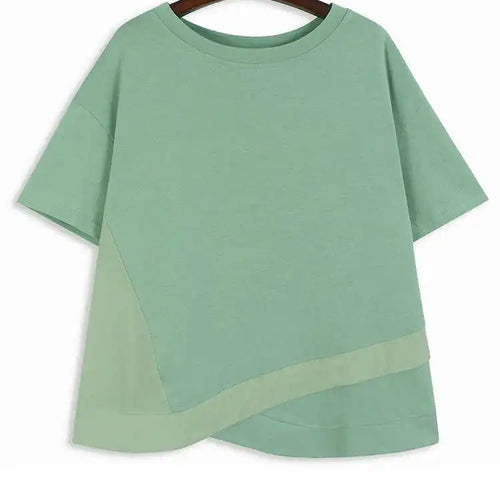 Load image into Gallery viewer, Women Green Color-block Big Size Irregular T-shirt New Round Neck Short Sleeve Fashion Tide Spring Summer 2025 1DH6013
