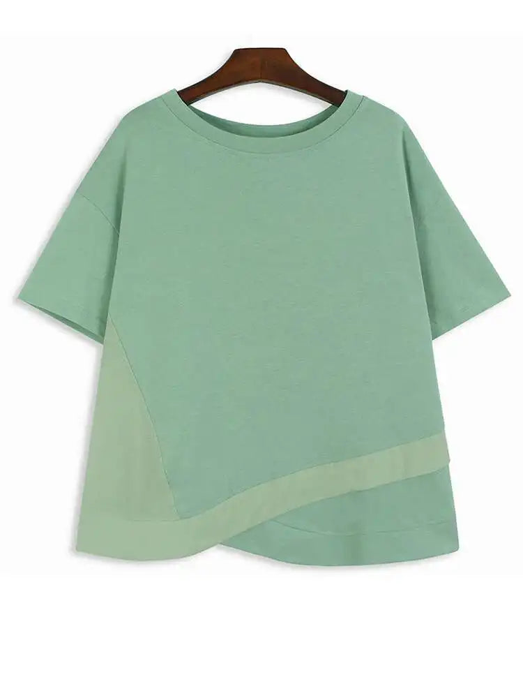 Women Green Color-block Big Size Irregular T-shirt New Round Neck Short Sleeve Fashion Tide Spring Summer 2025 1DH6013