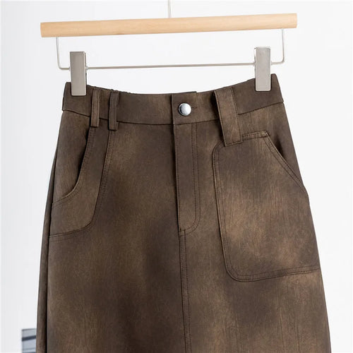 Load image into Gallery viewer, Retro 2024 Autumn Black Sexy Slim Women Split Pu Leather Skirts Fashion Brown Elegant High Waist Versatile Wrap Hip Midi Skirt
