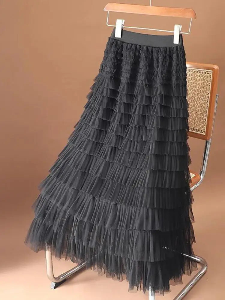Women Vintage Fashion 2025 New Solid Mesh High Waist Vacation Long Skirt Spring Summer Elegant Party Cake Skirt Streetwear trend