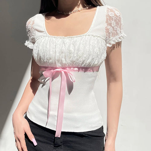 Load image into Gallery viewer, Chic Korean White Tee Shirts Lace Patchwork Slim Square Neck Bow Sweet Summer Women&#39;s T shirt Top Coquett Clothes Y2K
