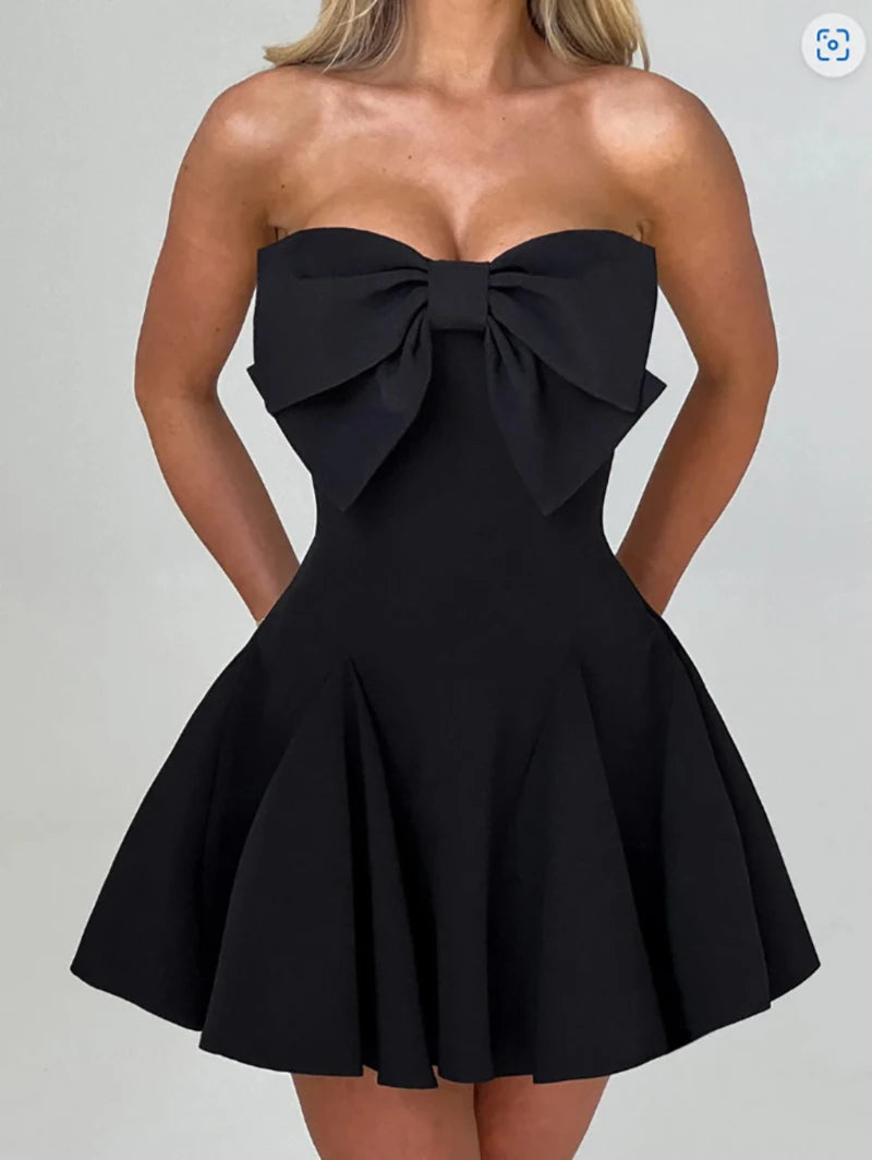 Bow Strapless Backless Sexy Mini Dress For Women Robe Fashion Solid Off-shoulder Sleeveless A-line Club Dress Vestido