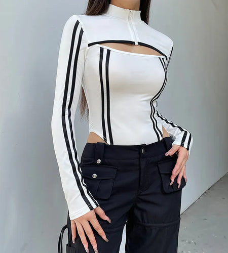 Casual Stripe Stitched Zipper Bodycon Autumn Bodysuit Female Streetwear Moto Style Cut Out Body Stand Collar Rompers