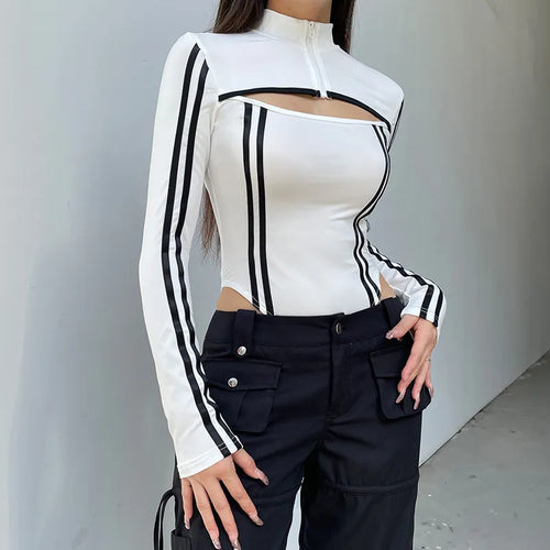 Load image into Gallery viewer, Casual Stripe Stitched Zipper Bodycon Autumn Bodysuit Female Streetwear Moto Style Cut Out Body Stand Collar Rompers
