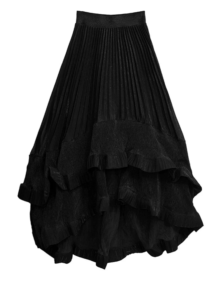 High Elastic Waist Black Irregular Pleated Elegant A-line Half-body Skirt Women Fashion New Spring Autumn 2025 1DJ0692