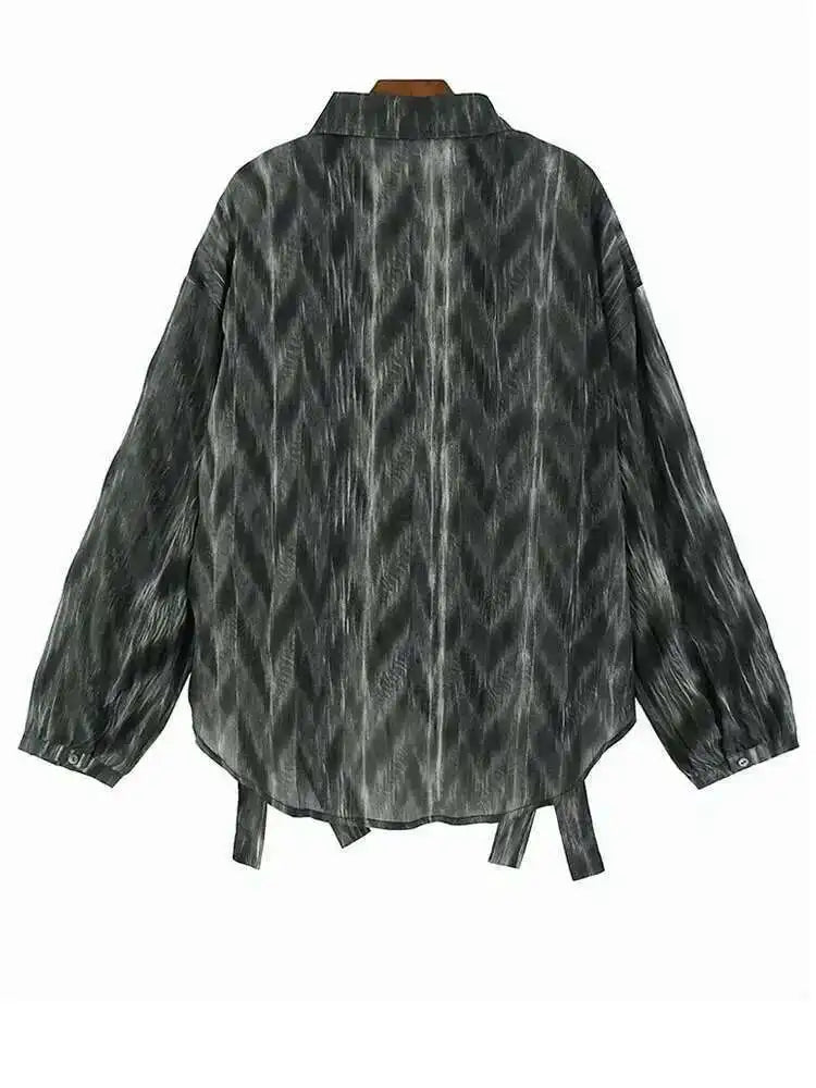 Women Coffee Tie Dye Ribbon Big Size Casual Blouse New Lapel Long Sleeve Shirt Fashion Tide Spring Autumn 2025 1DH5309