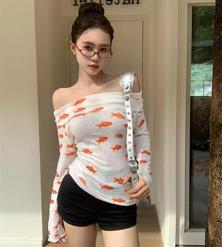 Spring Sweet Y2k Aesthetic Vintage Print T-Shirts Streetwear Off Shoulder Slim Tshirts Long Sleeve All Match Bottoming Crop Top