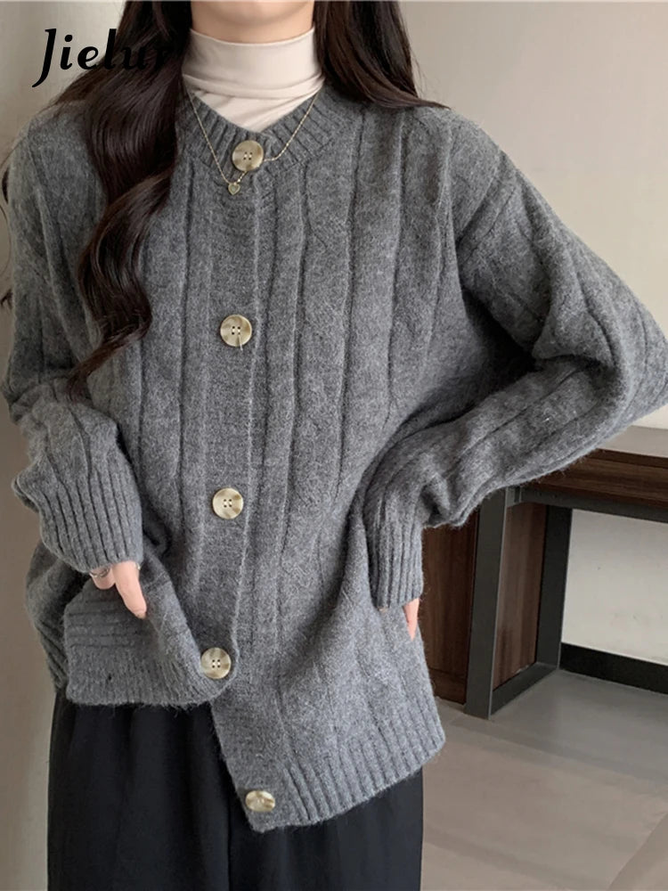 Vintage Knitwear Women's Sweaters Autumn Winter Japanese Style Loose Long Sleeve Thickened Gray Cardigan Sweater Coat