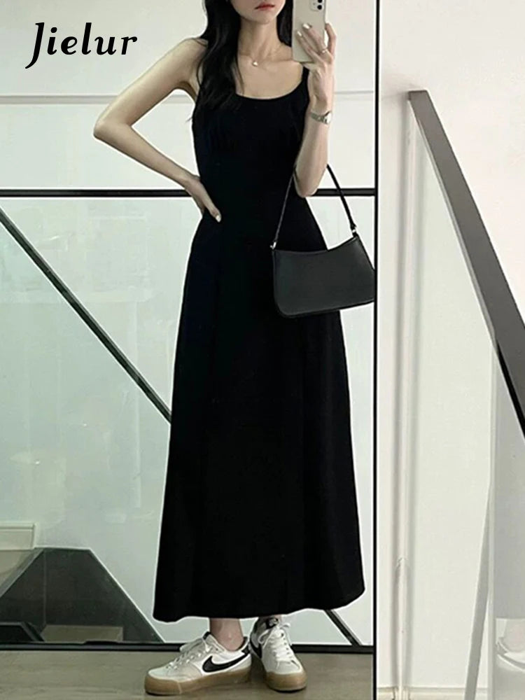 Pure Color Spaghetti Strap Women's Dresses French Style Black Sleeveless Fashion Female Maxi Dress Summer Office Ladies