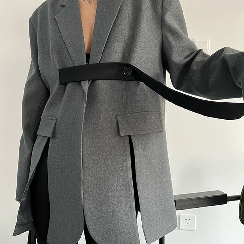 Load image into Gallery viewer, Women Gray Ribbon button Slit Elegant Big Size Blazer New Lapel Long Sleeve Jacket Fashion Tide Spring Autumn 2025 5W1003
