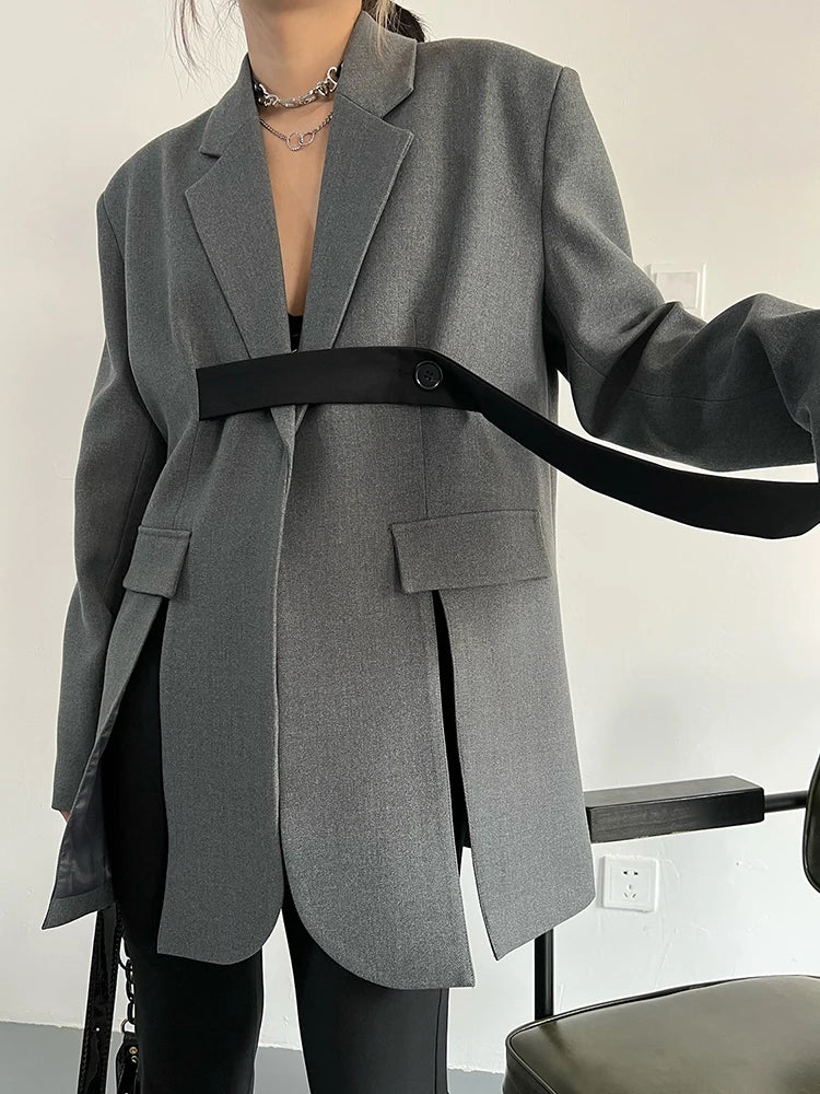 Women Gray Ribbon button Slit Elegant Big Size Blazer New Lapel Long Sleeve Jacket Fashion Tide Spring Autumn 2025 5W1003