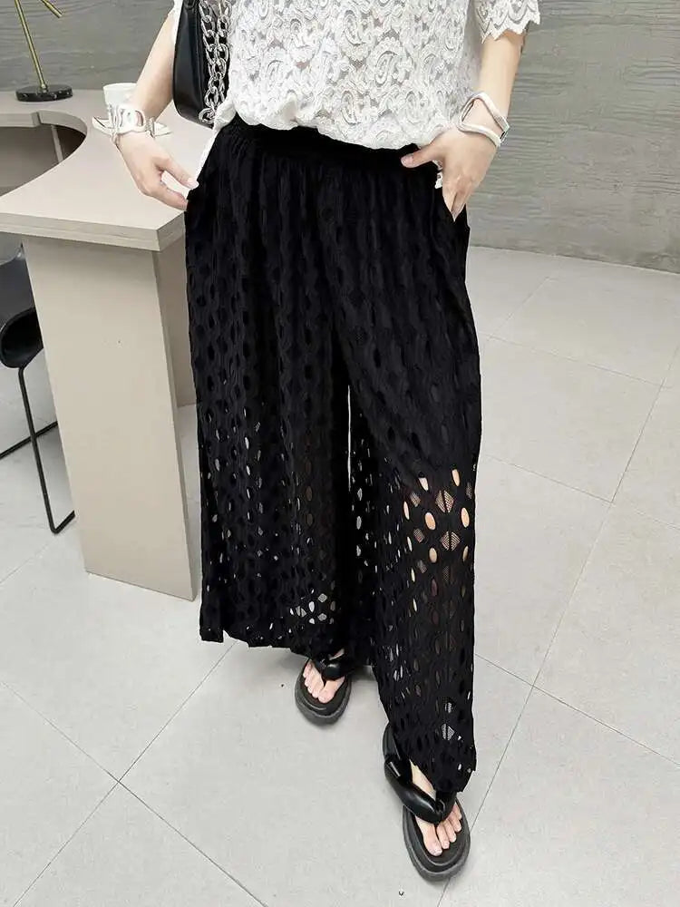 High Elastic Waist Black Lace Hollow Out Long Wide Leg Pants New Trousers Women Fashion Tide Spring Autumn 2025 1DH5969