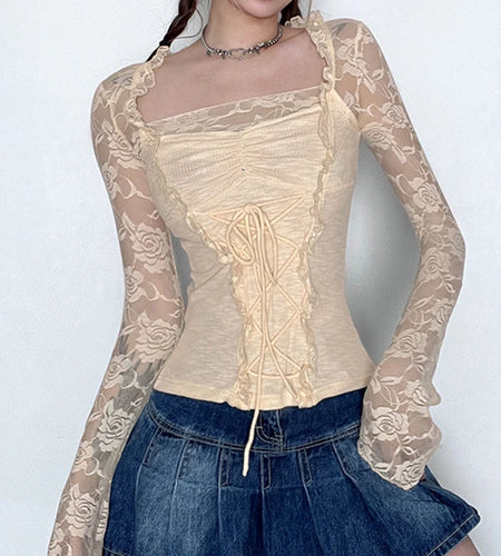 Chic Korean Autumn T shirt Female Cute Lace Spliced Fashon Tops Coquette Clothes Ruched Tie Up Slim Transparent Tees