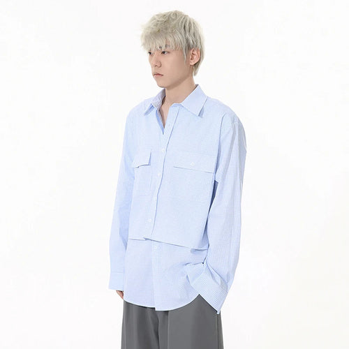 Load image into Gallery viewer, Korean Style Men's Shirts Turn-down Collar Fake Two-piece Plaid Design Long Sleeved Single Breasted Loose Male Tops 9W1262
