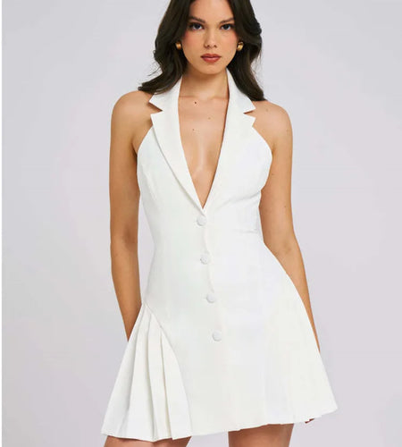 Sexy Sleeveless Deep V Suit Button Dress Women Bodycon Hanging Neck Short Skirt Open Back Female Party Nightclub Dress