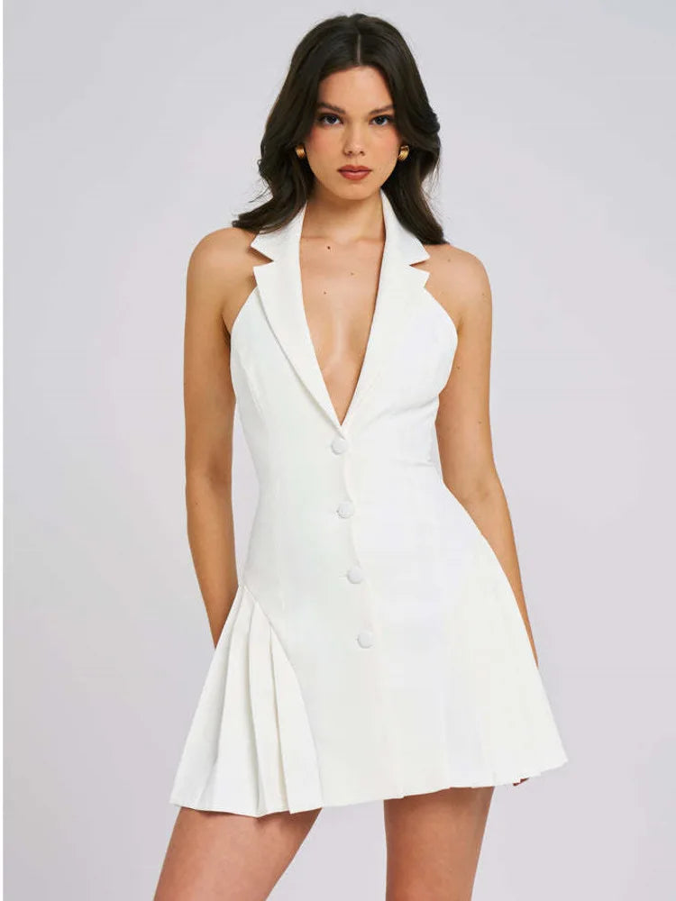 Sexy Sleeveless Deep V Suit Button Dress Women Bodycon Hanging Neck Short Skirt Open Back Female Party Nightclub Dress