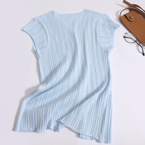 Load image into Gallery viewer, Women Solid Single Breasted Slim Hollow Out Knitted T-shirt Summer Short Sleeve V-neck Cardigan Tops 2024 Versatile Fashion New
