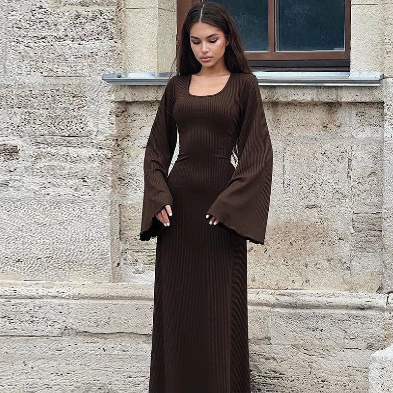 Ribbed Lace-up Long Sleeve Maxi Dress For Women 2023 Autumn Winter New Fashion Solid Bodycon Long Dress Elegant