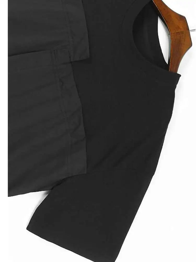 Women Khaki Color-block Pleated Big Size Midi Dress New Round Neck Short Sleeve Fashion Tide Spring Summer 2025 1DH5680