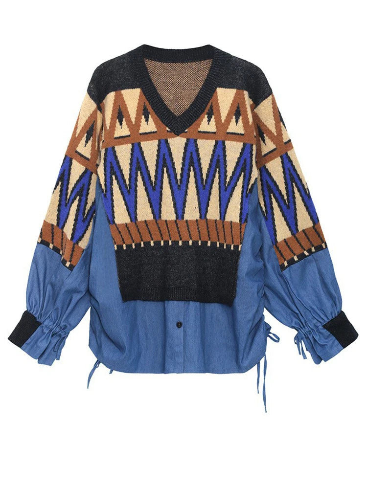 Pattern Denim Big Size Knitting Sweater Round Neck Long Sleeve Women Pullovers New Fashion Spring Autumn 2025  1DH0152