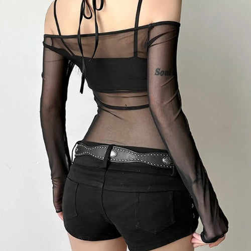 Load image into Gallery viewer, Y2k Aesthetic Two Pieces Set See Through Gauze Slash Neck Grunge Jumpsuits  + Women Harajuku Sexy Camisole Summer Grunge Suit
