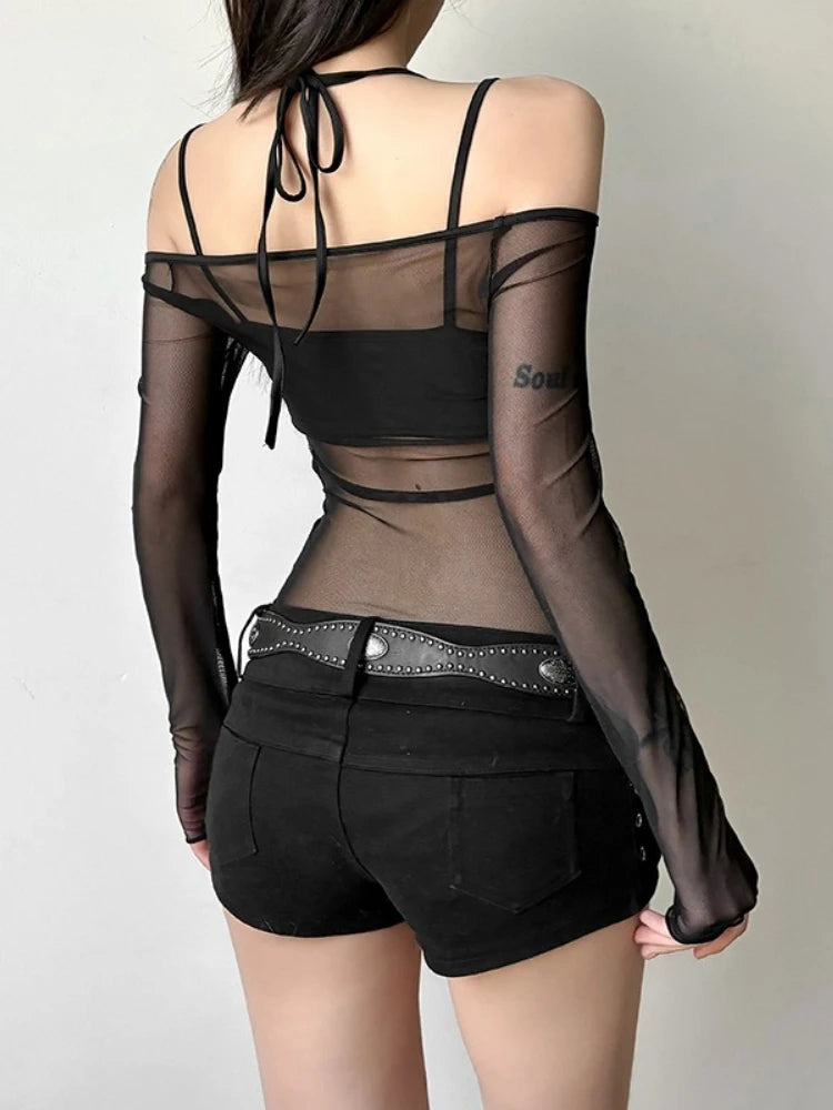 Y2k Aesthetic Two Pieces Set See Through Gauze Slash Neck Grunge Jumpsuits  + Women Harajuku Sexy Camisole Summer Grunge Suit