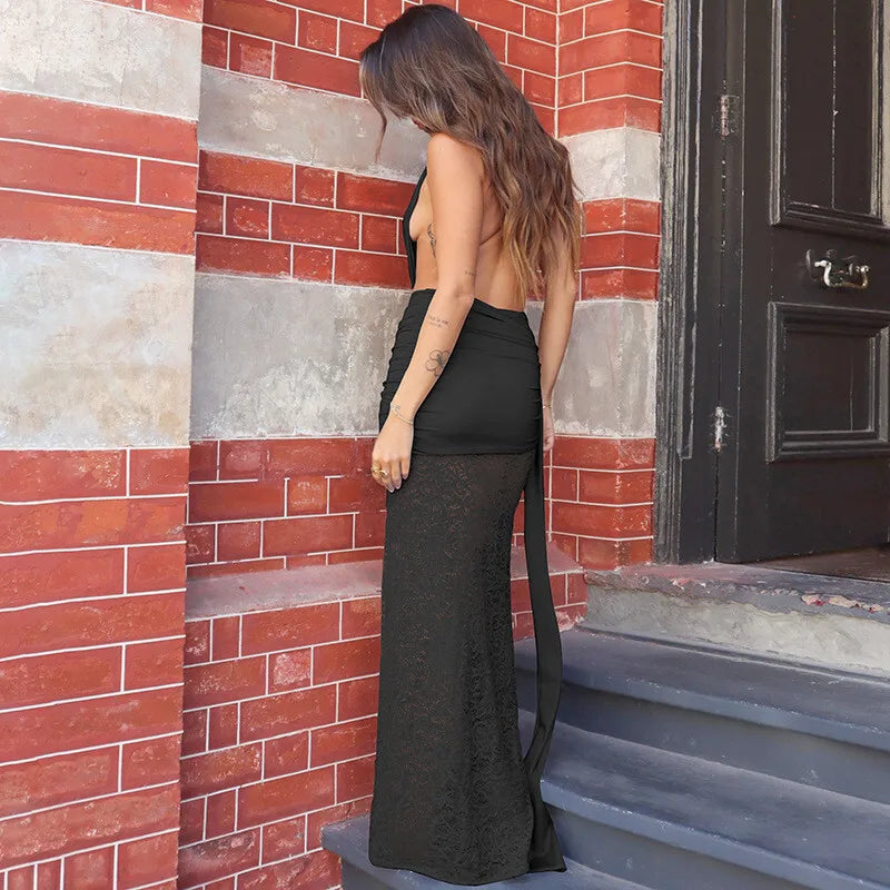 Halter Deep V Neck Sexy Maxi Dress For Women Elegant Fashion Lace Sleeveless Backless Ruched Bodycon Club Long Dress