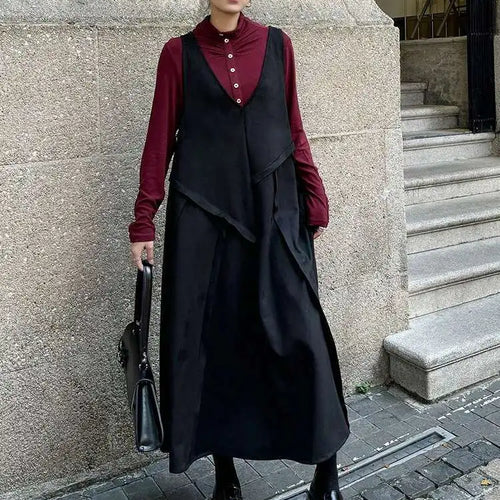 Load image into Gallery viewer, Women Black Irregular Spliced Big Size Long Strap Dress New V-Neck Sleeveless Fashion Tide Spring Autumn 2025 1DH7700
