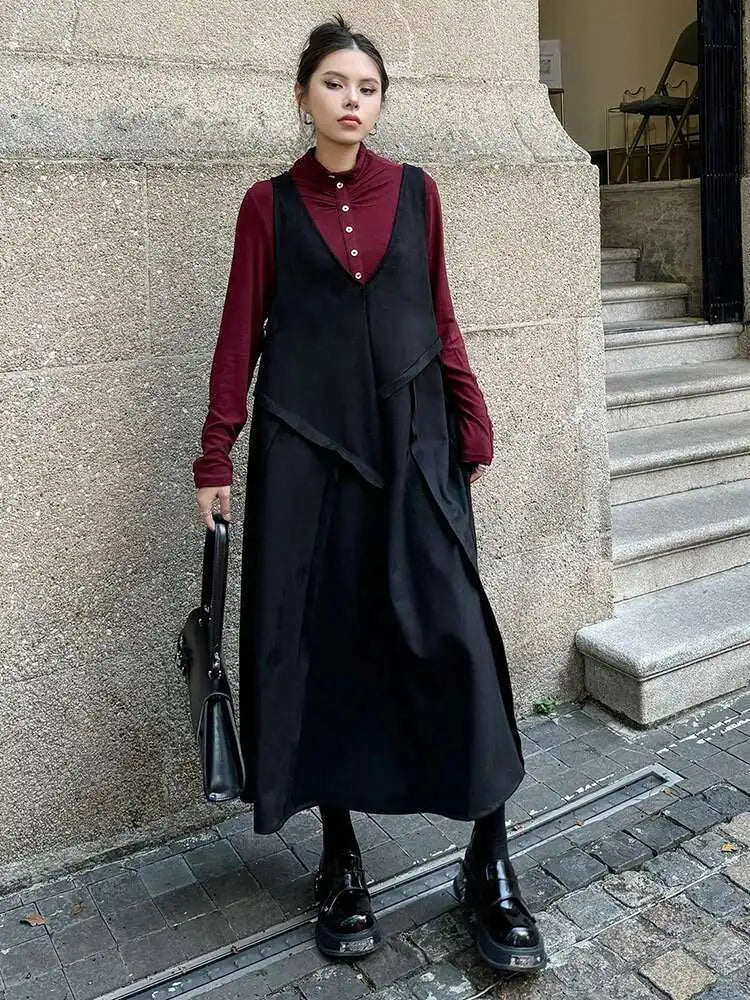Women Black Irregular Spliced Big Size Long Strap Dress New V-Neck Sleeveless Fashion Tide Spring Autumn 2025 1DH7700