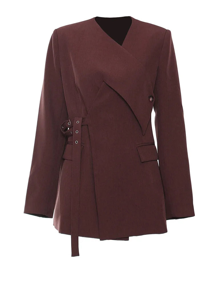 Women Wine Red Cross Irregular Elegant Blazer New V-neck Long Sleeve Jacket Fashion Tide Spring Autumn 2025 1DH7482