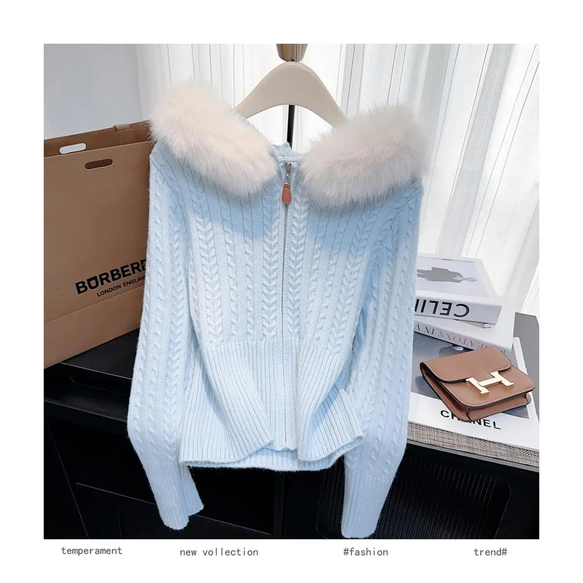 Retro Fashion Women Solid Long Sleeve Knitted Twists Sweater 2024 New Autumn Winter Ladies Hooded Hairy Neck Zipper Cardigan Top