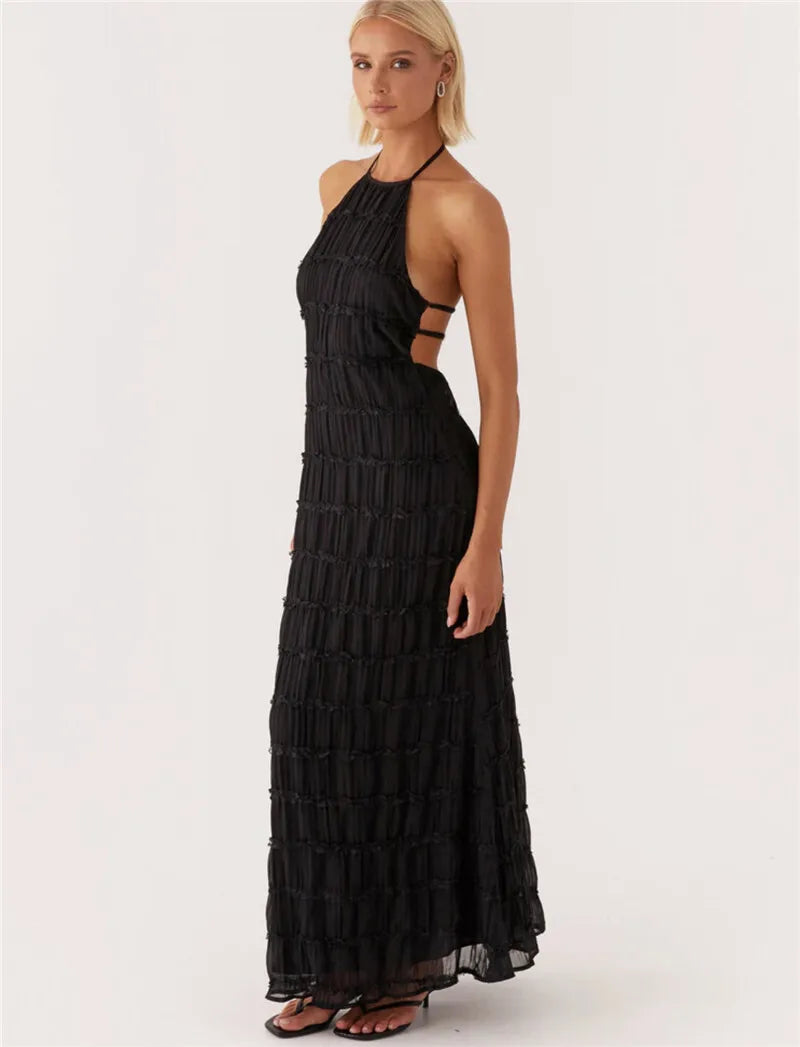 Halter Backless Sexy Maxi Dress For Women Spring Summer New Lace-up Sleeveless Pleated Beach Holiday Long Dress Elegant