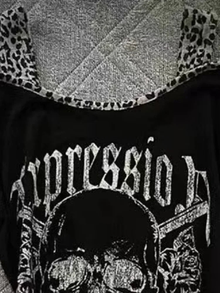 Y2k Aesthetics Irregular Leopard Patchwork Vintage T-shirt Streetwear Skull Printing Tshirt Harajuku Slim Fit Fairy Grunge Tops