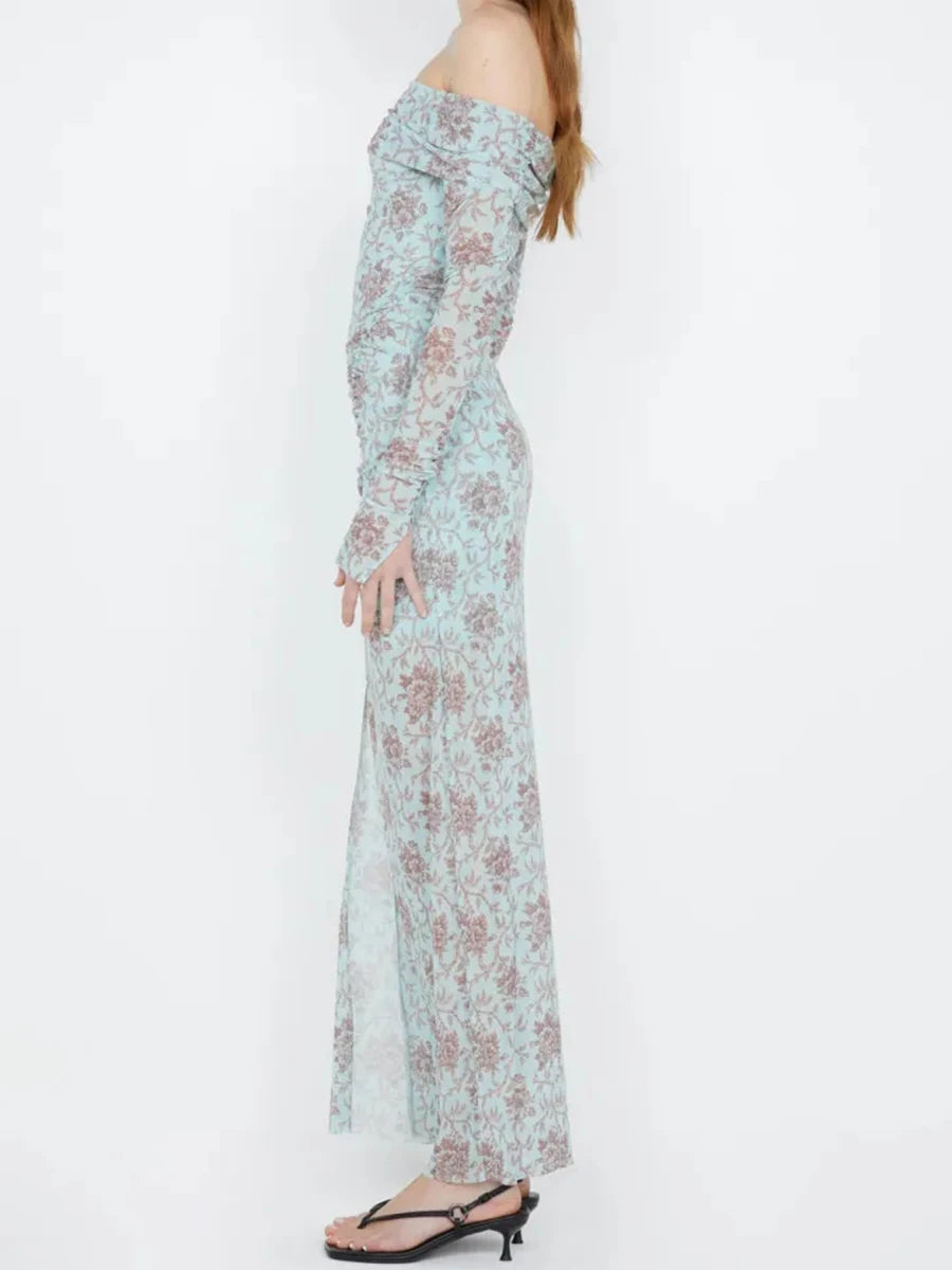 Hit Color Printing Slimming Dresses For Women Slash Neck Long Sleeve High Waist Temperament Dress Female Fashion