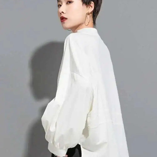 Load image into Gallery viewer, Women White Drawstring Zipper Big Size Casual T-shirt New Stand Collar Long Sleeve Fashion Tide Spring Autumn 2025 1DF6510
