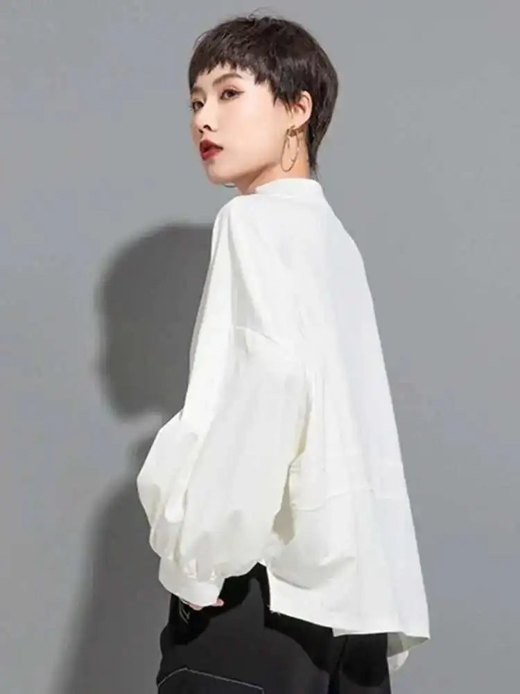 Women White Drawstring Zipper Big Size Casual T-shirt New Stand Collar Long Sleeve Fashion Tide Spring Autumn 2025 1DF6510