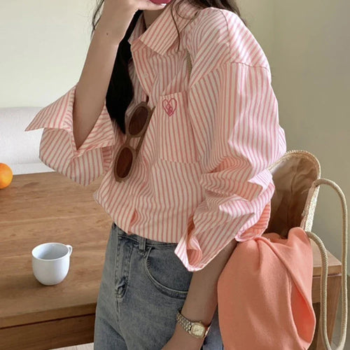 Load image into Gallery viewer, Chicly Casual Office Lady Style New Spring Pink Striped Embroidery Women Shirt with Drop Sleeve and Single Breasted Fashion
