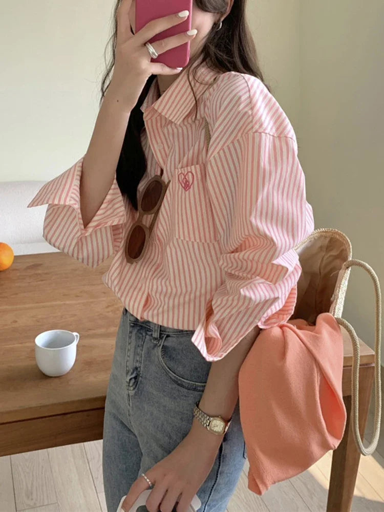 Chicly Casual Office Lady Style New Spring Pink Striped Embroidery Women Shirt with Drop Sleeve and Single Breasted Fashion