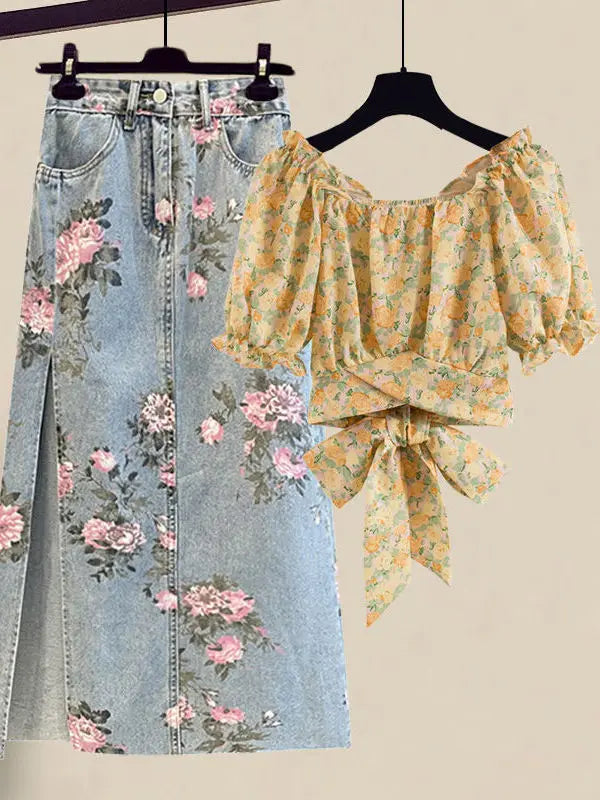 Women Summer Sweet Pink Print Skirts Two Pieces Set Korean Puff Sleeve Bandage Floral Top And Side Split Retro Denim Skirts Sets